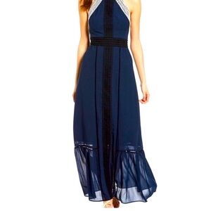Belle Badgley Mischka Navy Ruffle Maxi Chiffon Dress with Lace Detail  Size 0
